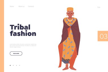 Kabile moda iniş sayfası tasarım şablonu. Düz çizgi film güzel yerli kadın karakteri. Yerel kıyafetleri gösteriyor. Geleneksel kıyafet, başlık ve mücevher süslemeleri.