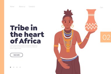 Afrika 'nın Yüreği kabilesi. İniş sayfası tasarımı için oldukça aborijinalli bir kadın çizgi film karakteri. Geleneksel kostüm giyen güzel bir Afrikalı kadın ve elinde çanak çömlek taşıyan takılar.