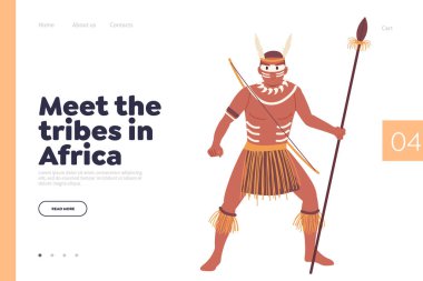 Afrika 'daki kabilelerle tanışın. Geleneksel kostümlü, düz çizgi film yerli savaşçı karakterli iniş sayfası tasarımı şablonu. Savaşçı Afrikalı yerli halk vektör illüstrasyonu