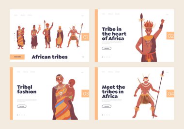 Afrika kabileleri, yerel moda ve kültürel tuhaflık kavramlarıyla dolu bir iniş sayfası. Yetişkinler ve çocuklar geleneksel kıyafetler giyiyor, ellerinde kabile silahı ve çatal bıçak tutuyorlar.