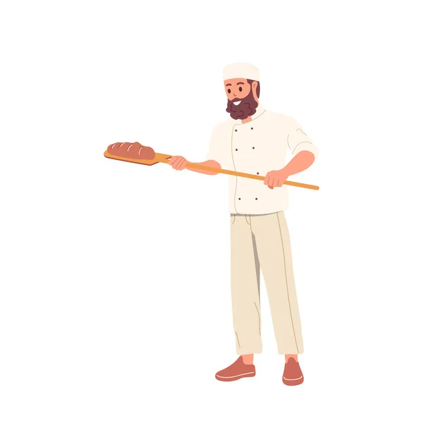 身穿制服的烘培者拿着木制炉铲和新鲜烘烤的面包站在白色的背景上 平面卡通人物在工作矢量插图 面包店小企业概念 — 图库矢量图片