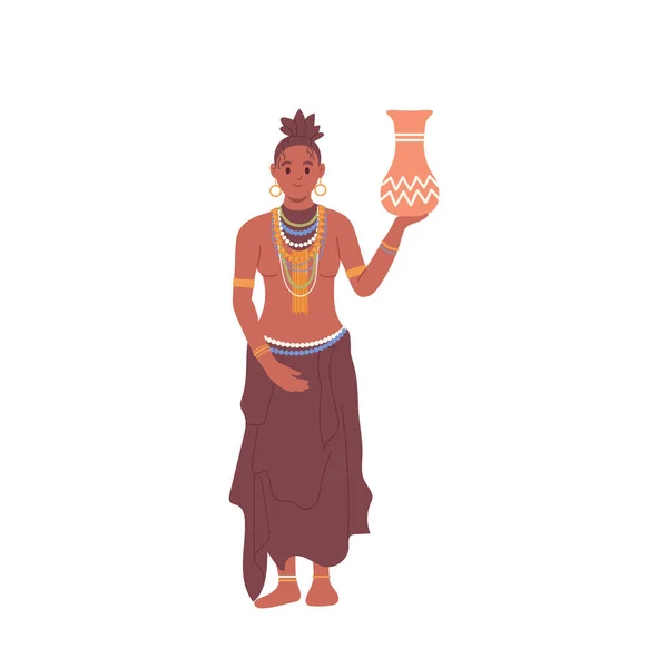 Mujer Aborigen Africana Ropa Tradicional Sosteniendo Jarra Arcilla Nativa Aislada — Archivo Imágenes Vectoriales