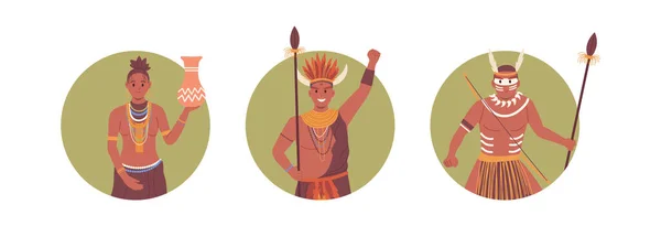アフリカの丸いアイコンからネイティブの服を着た部族の人々は 白い背景に隔離されました 伝統的な衣装を着た古代の原住民の男性と女性のベクトルイラスト アフリカ民族 — ストックベクタ