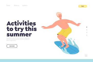Bu yaz iniş sayfası tasarım şablonunu denemek için denizdeki veya okyanus vektör çizimlerindeki dalgaları yakalayan genç sörfçülerin etkinlikleri. Plaj tatil beldesinde ekstrem su sporları yaz eğlencesi