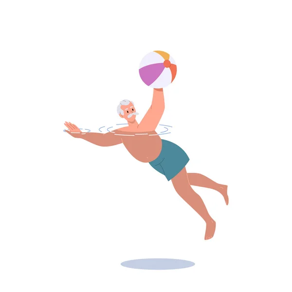Positieve Oudere Man Karakter Zwemmen Het Zwembad Met Opblaasbare Bal — Stockvector