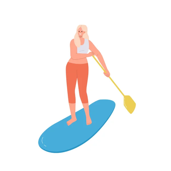 캐릭터가 위에서 배경에 있습니다 Active Lifestyle Paddleboarding Training Seaside Resort — 스톡 벡터
