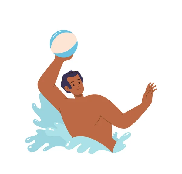 Happy Cartoon Man Playing Polo Volleyball Ball While Swimming Sea — Stock Vector