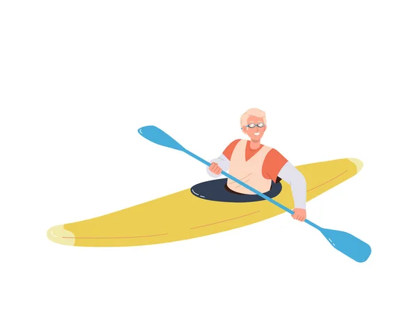 Šťastný Usměvavý Muž Charakter Kajak Pádlování Sedí Kanoe Loď Vektorové — Stockový vektor