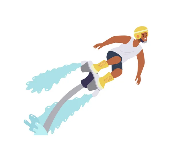 Flyboarding Man Cartoon Character Enjoying Extreme Water Sports Beach Recreation — Stock Vector