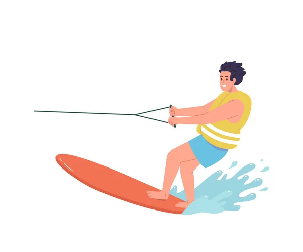 Young Man Character Wearing Protective Vest Enjoying Water Skiing Blue — Stock Vector
