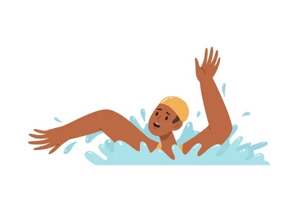 Stressed Young Man Character Wearing Swimming Hat Drowning Splashing Arms — Stock Vector