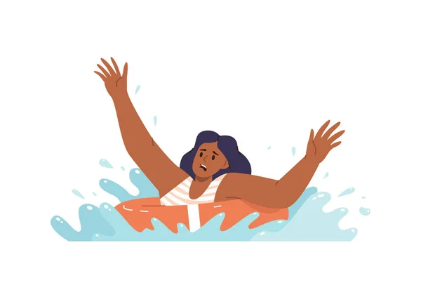 Jovem Assustada Afundando Mulher Nadando Com Anel Borracha Superfície Água —  Vetores de Stock