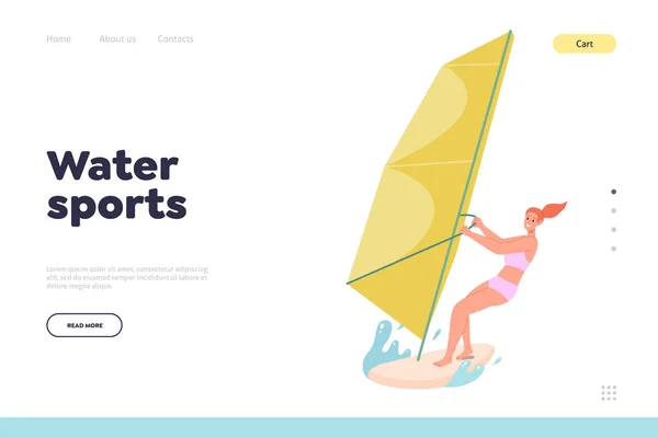 Modelo Design Landing Page Esporte Aquático Jovem Personagem Cartoon Mulher —  Vetores de Stock