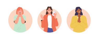 Ağlayan genç kadın karakterler mutlu ya da mutsuz hissediyorlar beyaz arka planda izole edilmiş yuvarlak çerçeve portresi. Hayatla ilgili iyimser ve kötümser görüşe sahip olan kadınların vektör çizimi