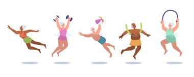 Bir grup yaşlı adam ve kadın havuzda yüzüyor su altı sporlarının ve beyaz arka planda izole edilmiş sağlıklı aktif yaşam tarzının tadını çıkarıyorlar. Karikatür yaşlandırılmış fitness karakteri su aerobiği yapıyor