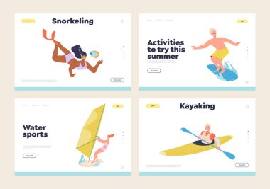 İniş sayfası, deniz kıyısında dinlenen turistler için yaz tatili için su sporları ekstrem etkinlik çeşitliliğine sahip. Kano, sörf, rüzgar sörfü ve şnorkelle yüzme.