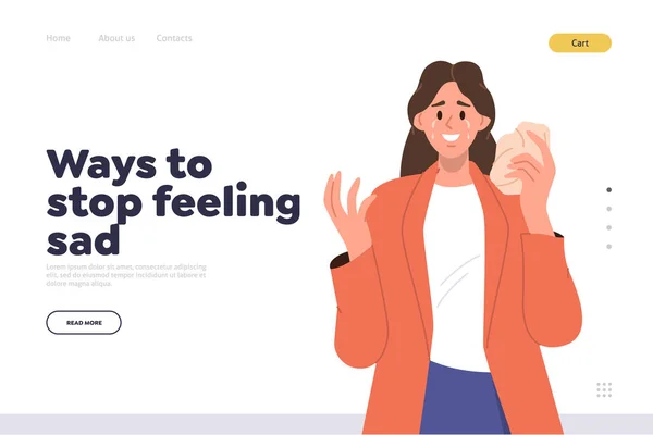 stock vector Landing page design template for people support online service describing ways to stop feeling sad. Flat cartoon woman character trying to deal with bad emotions and depression vector illustration