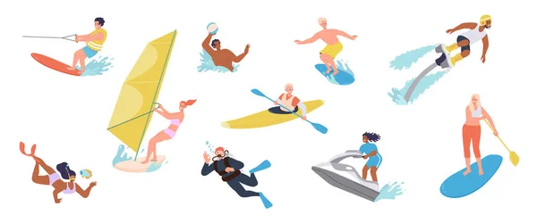 Conjunto Pessoas Desfrutando Atividades Esportivas Aquáticas Extremas Passando Hora Verão —  Vetores de Stock