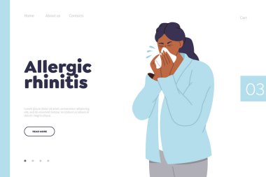 Alerjik rhinitis, tedavi yöntemleri sunan tıbbi servis için iniş sayfası tasarımı şablonu. Çizgi film kadın karakteri, peçete çizimine hapşırmaktan acı çekiyor.