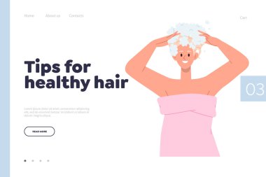 İniş sayfası tasarımı, sağlıklı saç ve kadın güzellik tedavisi için ipuçları sunuyor. Mutlu kadın çizgi film karakteri portresi doğal kozmetik ürün illüstrasyonu uygulayarak kafasını yıkıyor.