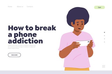 İniş sayfası için telefon bağımlılığı kavramını kırmayı. Küçük çocuk karakter bağımlılığı mobil cihazlar problem vektör illüstrasyonu. Ebeveynler için ipuçları ve tavsiyelerle çevrimiçi hizmet sitesi