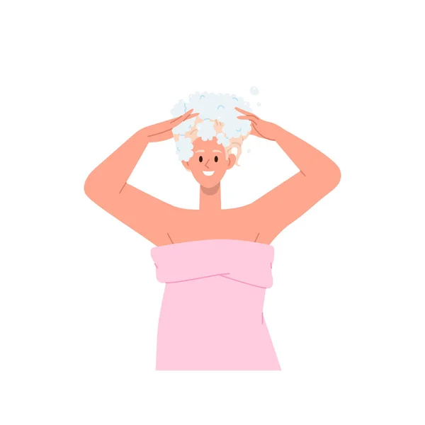 白い背景に隔離されたシャンプーの肖像画を適用若い満足女性漫画のキャラクター洗髪 幸せなリラックスした女の子指揮衛生ヘアケア手順でホームベクトルイラスト — ストックベクタ