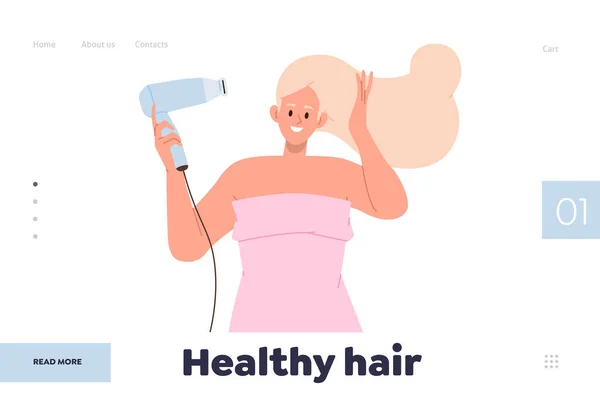 美容スパサロンや化粧品店のオンラインサービスのための健康的なヘアランディングページのデザインテンプレートをお勧めします ヘアドライヤーベクトルイラストを使用した幸せな女性のフラット漫画のキャラクター — ストックベクタ