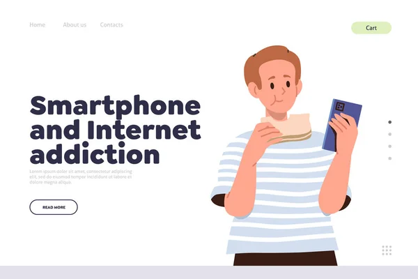 Concetto Dipendenza Smartphone Internet Pagina Destinazione Cartone Animato Piatto Allegro — Vettoriale Stock