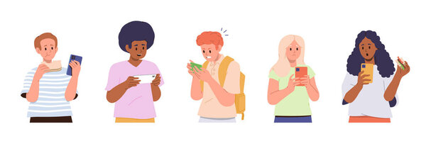 Set of young school children characters addicted from mobile phone, internet, social media networks and smart technologies using digital devices vector illustration isolated on white background