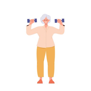 Beyaz arka planda izole halterlerle fiziksel egzersiz yapan mutlu yaşlı kadın karakter. Tatmin olmuş son sınıf bayan spor aletleri vektör illüstrasyonuyla spor yapıyor.