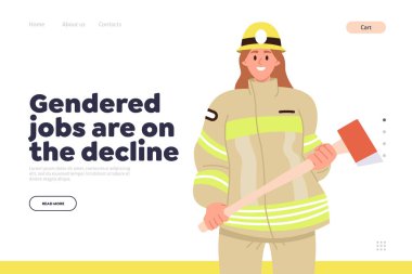 İniş sayfası tasarım şablonu için azalan kavram üzerinde cinsiyet ayrımı. Gülümseyen kadın itfaiyeci üniformalı, elinde cam kıran balta vektör çizimi olan mutlu bir karakter. Geleneksel olmayan roller