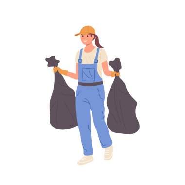 Düz çizgi film mutlu, gülümseyen kadın temizleyici karakter mavi giyip çöp topluyor beyaz arka planda izole edilmiş plastik torba vektör illüstrasyonunda çöp atıyor. Ev işleri ve temizlik servisi.