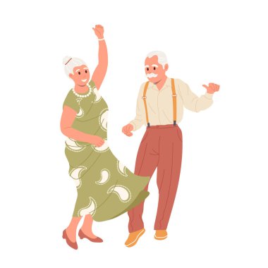 Mutlu emekliler, beyaz arka planda yalnız dans eden yaşlı bunaklar. Yaşlı adam ve kadın el sıkışıyor, el kaldırıyor, aşk ilişkileri illüstrasyonuyla flört ederken eğleniyorlar.
