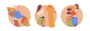 Düz yuvarlak ikon çerçeve seti mutlu stil sahibi genç kadın karikatür alışveriş yapan karakterler, alışveriş torbalarıyla yürüme Kara Cuma ve siber Mondey indirimli indirim vektör ilüstrasyonları kullanarak