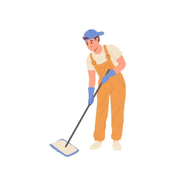 平らな漫画の男の管理人プロのクリーニングサービスの労働者のキャラクターは モップ機器のベクトルイラストで床を掃除します 衛生活動の概念 — ストックベクタ