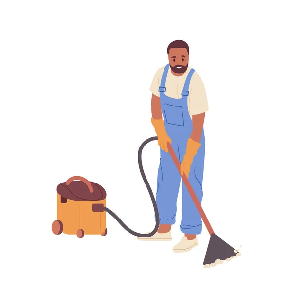 Επίπεδη Γελοιογραφία Νεαρός Άνδρας Εργαζόμενος Χαρακτήρα Ομοιόμορφη Υπηρεσία Καθαρισμού Σκούπισμα — Διανυσματικό Αρχείο