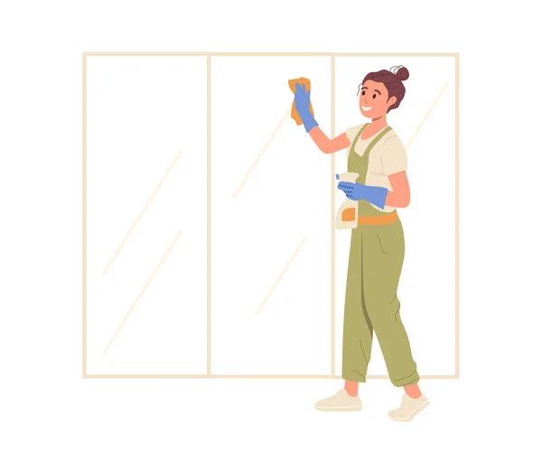 Ευτυχισμένο Καρτούν Νεαρή Γυναίκα Σπίτι Εργαζόμενος Χαρακτήρα Στολή Και Γάντια — Διανυσματικό Αρχείο