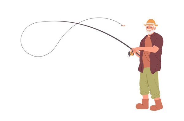 Homem Sênior Pescador Desenhos Animados Feliz Aposentado Personagem Pesca Com —  Vetores de Stock