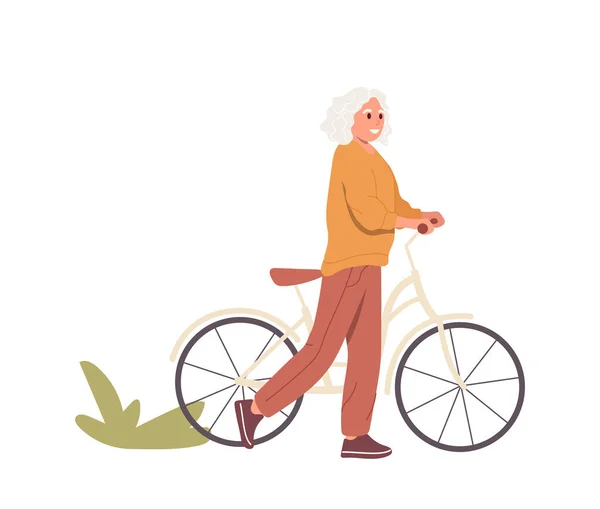 Glad Senior Kvinna Tecknad Karaktär Njuter Utomhus Cykling Promenader Urban — Stock vektor