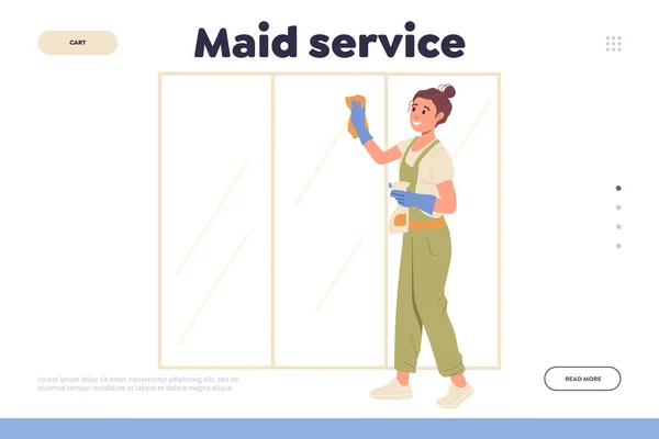 Maid Service Landing Page Flat Cartoon Female Character Uniform Washing — Stock Vector