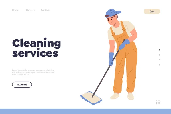 Cleaning Service Landing Page Design Tempt Плоский Мультфильм Счастливом Мужчине — стоковый вектор