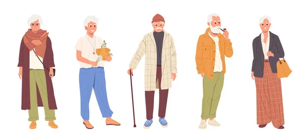 Conjunto Ancianos Modernos Aislados Dibujos Animados Plana Feliz Elegante Hombre — Vector de stock
