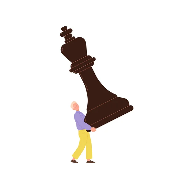 Drobný Muž Plochý Kreslený Postavička Hraje Šachy Nesoucí Obří Králův — Stockový vektor