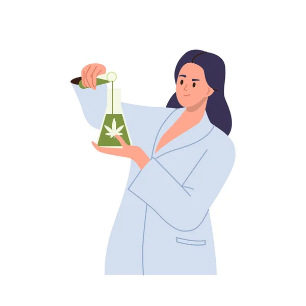 Kvinnlig Forskare Labbrock Som Tillverkar Marijuana Droger Kvinnliga Apotekare Häller — Stock vektor