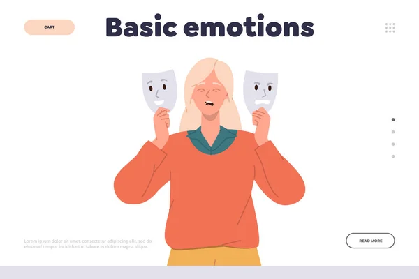 Basic Emotion Landing Page Design Template Sad Cartoon Woman Character — Stock Vector