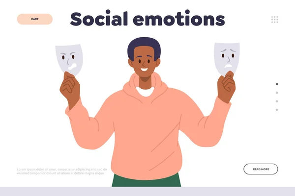 Emociones Sociales Landing Page Plantilla Diseño Con Dibujos Animados Personaje — Vector de stock