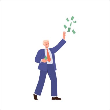 Genç iş adamı karakteri, beyaz arka planda izole edilmiş paranın peşinde nakit para yakalıyor. Resmi takım elbiseli heyecanlı bir adamın finansal büyüme ve zenginliğe ulaşmasının vektör çizimi