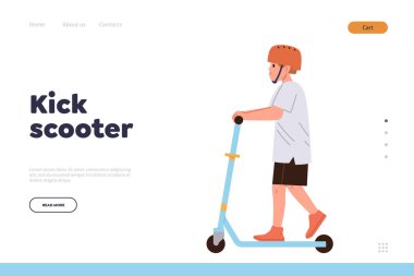 Scooter 'ın iniş sayfası tasarım şablonu koruyucu başlık takan küçük okul çocuğu karakterin spor aktivitelerinden zevk alarak seyahat etmek için elektrikli eko taşıma aracını kullanması.