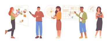 Çeşitli iş adamlarının çizgi film karakterleri programa göre çalışıyorlar, çalışma saatlerini planlıyorlar, mobil uygulama, yapılacaklar listesi, kağıt defteri, sıkıştırma planı tahtası, toplantı takvimi kullanırken iş akışını düzenliyorlar.