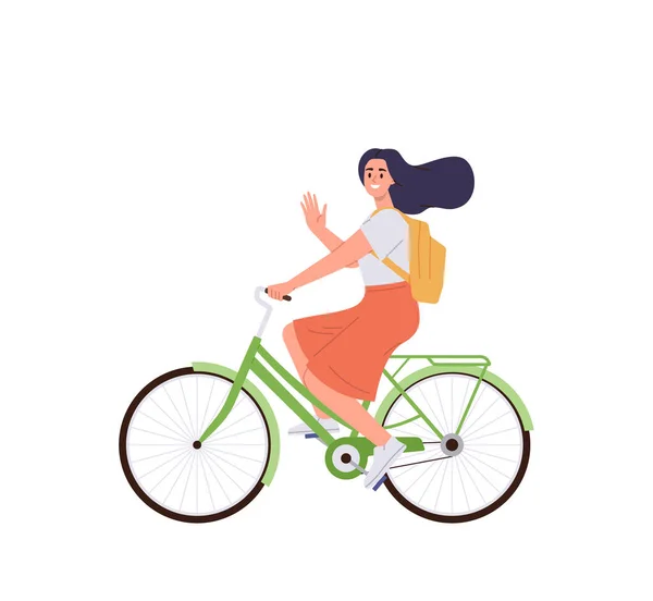 Feliz Personaje Mujer Joven Montar Bicicleta Viajando Transporte Ecológico Disfrutando — Vector de stock